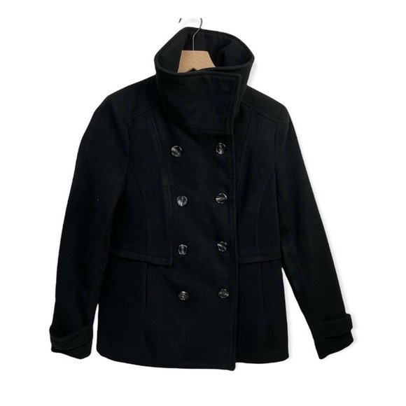NWT Forever 21 Juniors Black Small Long Sleeved Collared Breasted peacoat Coat S - Picture 1 of 12